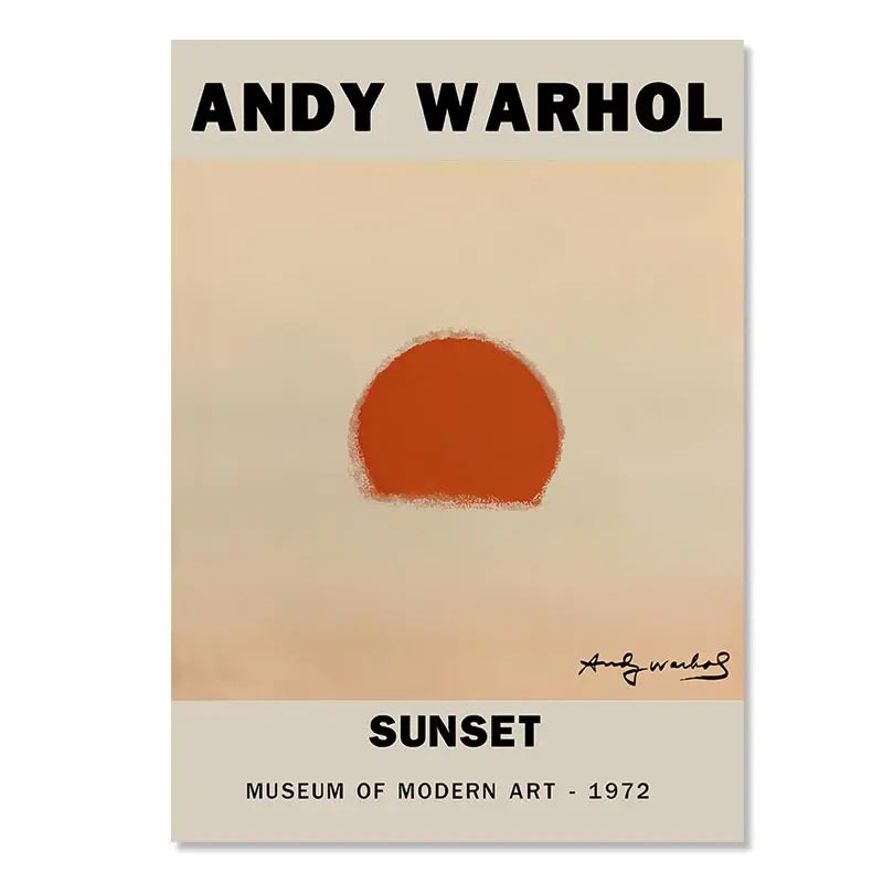 Andy Warhol artwork of a sunset with 'Museum of Modern Art' text on a beige background