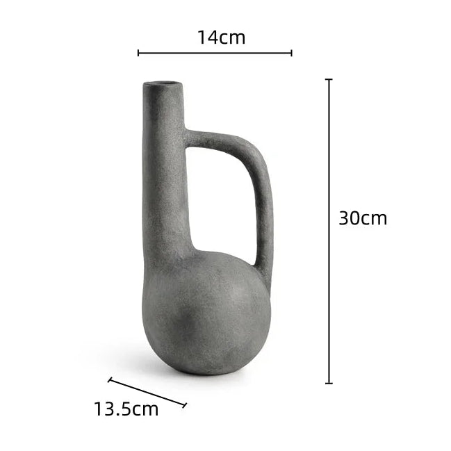 Gray ceramic pitcher with dimensions indicated on a white background