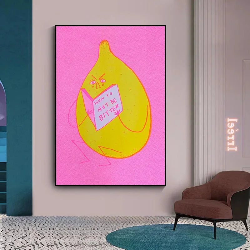Colorful abstract art piece of a yellow lemon on a pink background in a modern room.