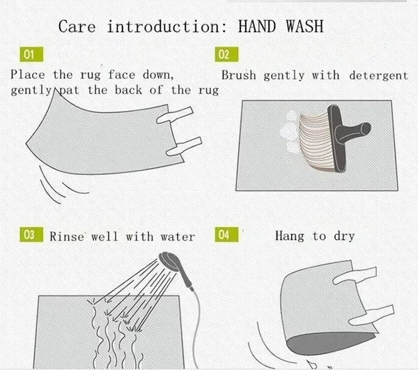 Illustrated care instructions for a rug with text and diagrams.