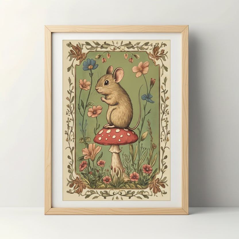 Framed artwork of a mouse on a mushroom with floral border