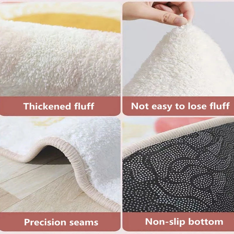 Collage of a plush rug with text highlighting features like thick fluff, non-slip bottom, and precision seams.