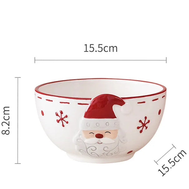 Ceramic bowl with Santa Claus design and measurements on a white background
