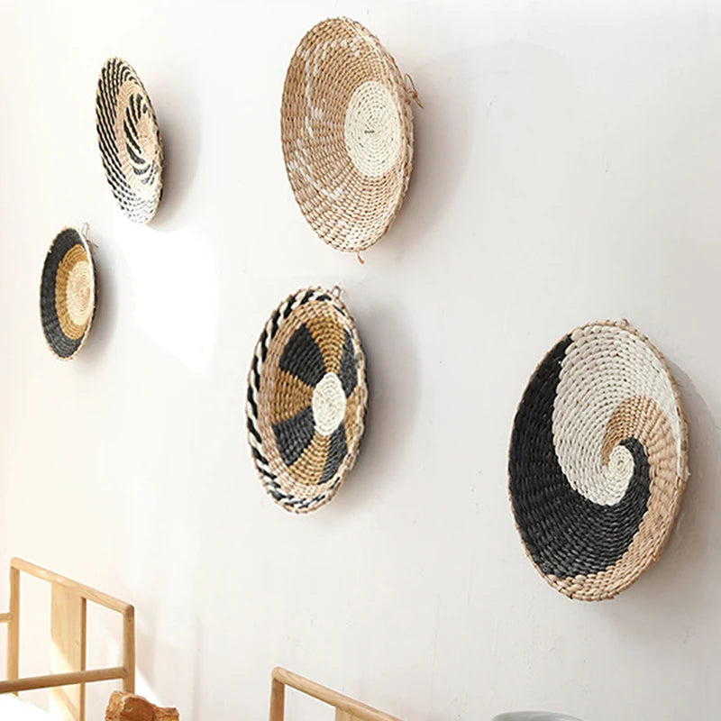 INS Nordic Style Straw Woven Tray Wall Decorations Handmade Papyrus Hanging Basket Bedroom Creative Art Wall Hanging Room Decor