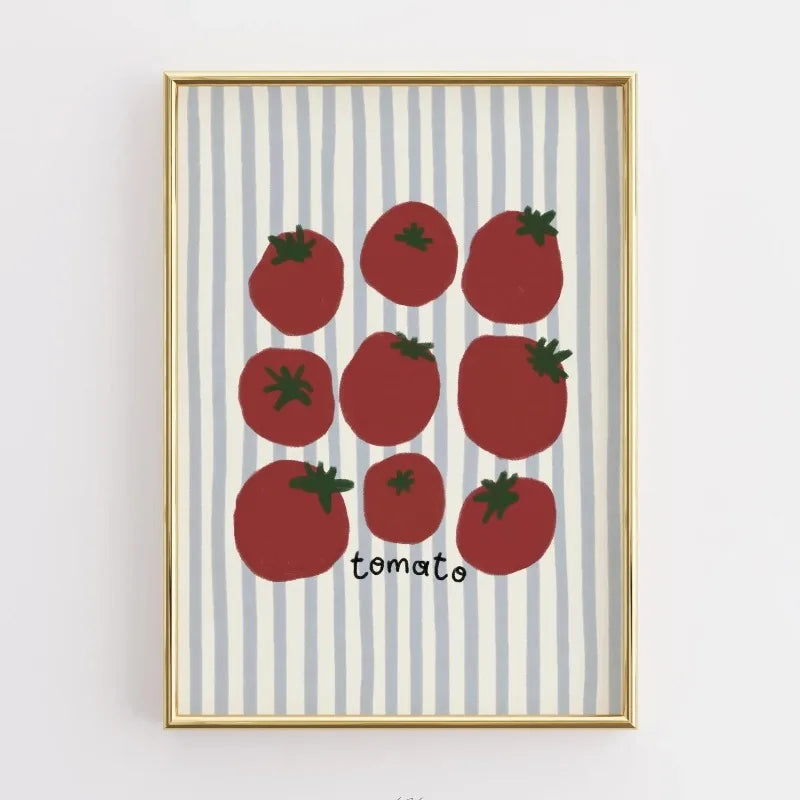 Framed artwork with red tomatoes on a striped background