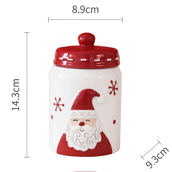 Ceramic jar with Santa Claus design and measurements on a white background