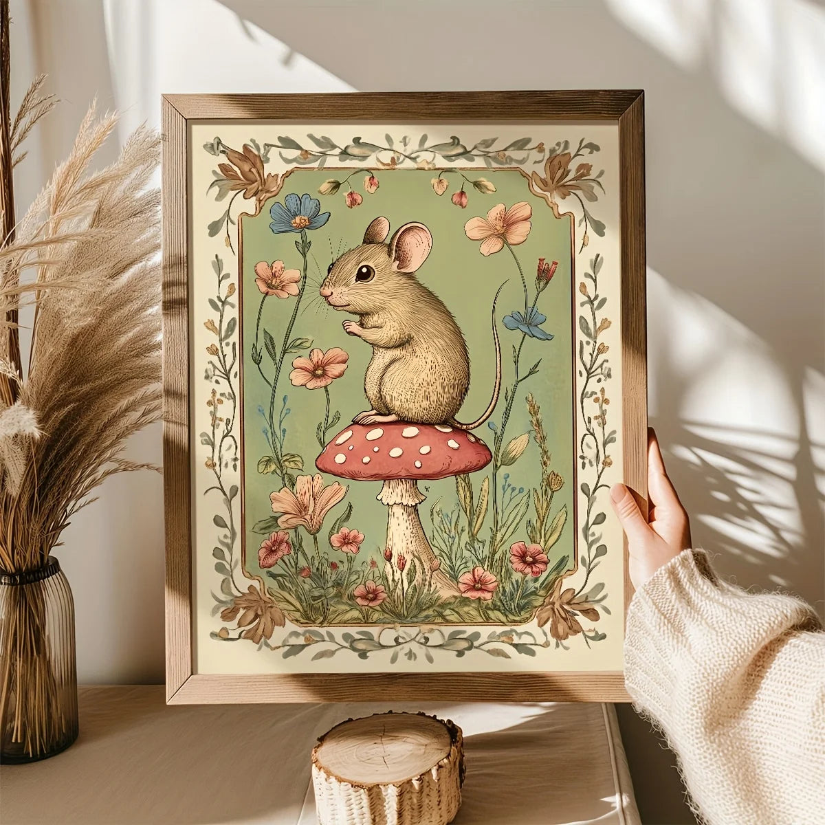 Framed artwork of a mouse on a mushroom with flowers, held by a hand.