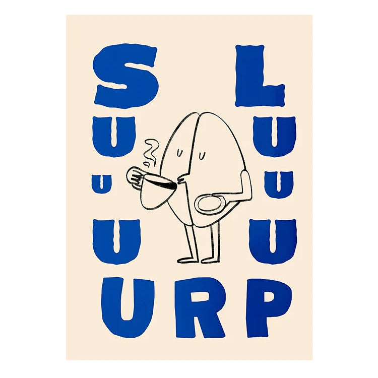 Poster with a cartoon character and blue text on a beige background