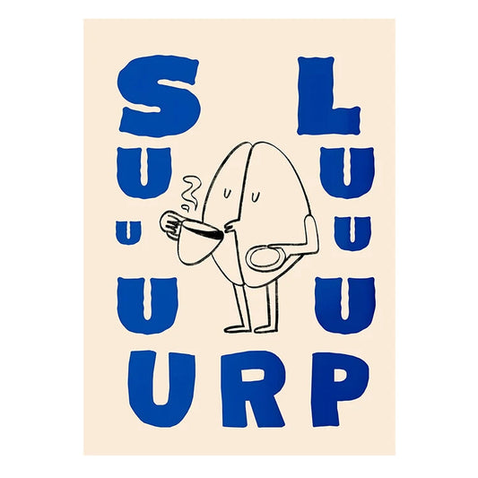 Poster with a cartoon character and blue text on a beige background