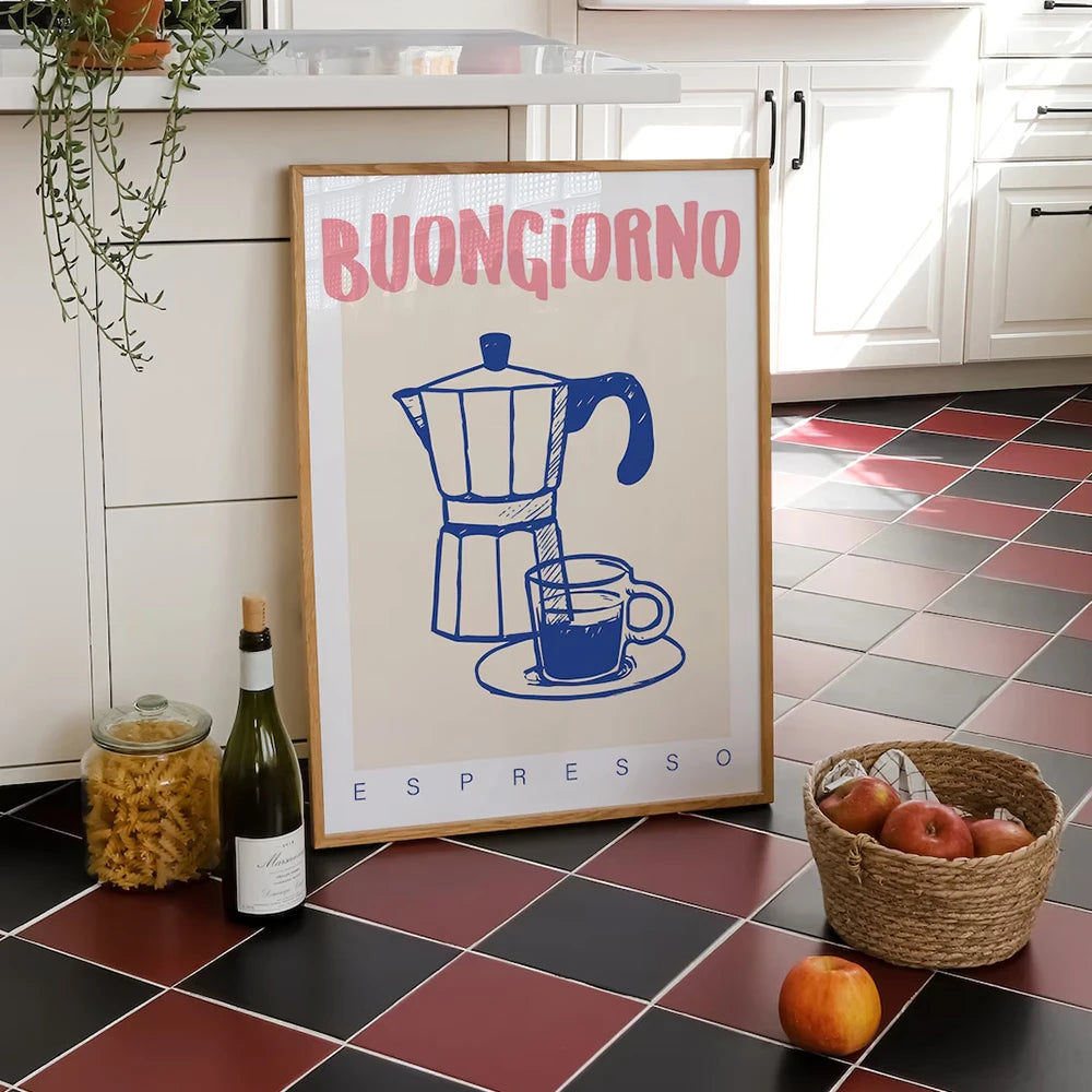 Poster with 'BUONGIORNO ESPRESSO' text and coffee maker illustration in a kitchen setting.