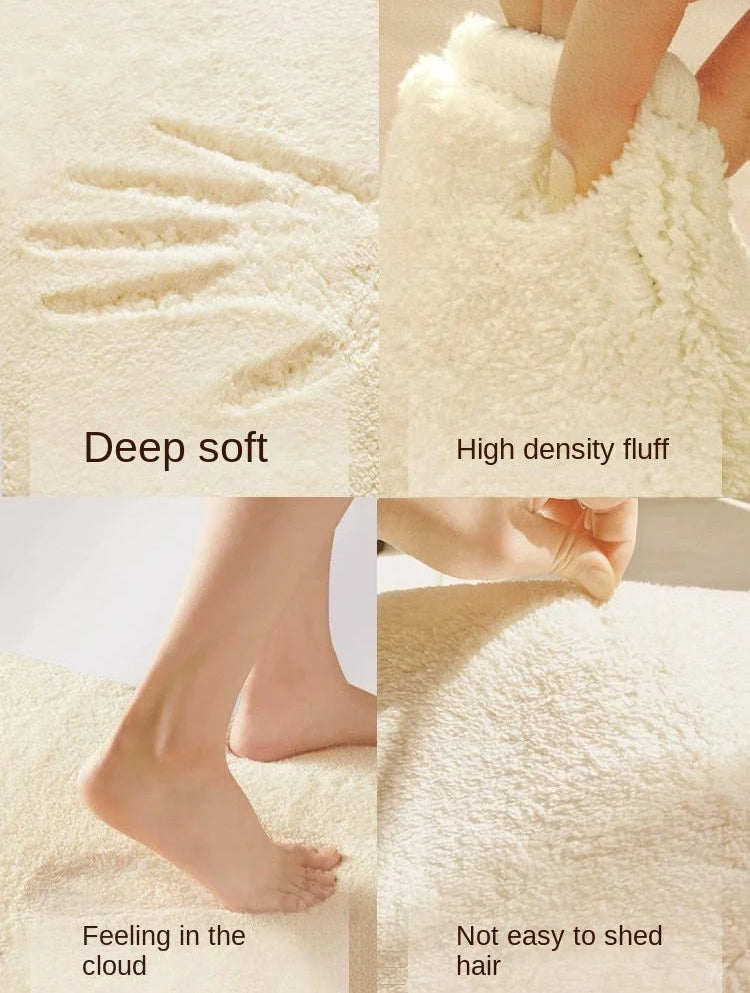 Textured fabric with close-up shots showing 'Deep soft', 'High density fluff', 'Feeling in the cloud', and 'Not easy to shed hair'.