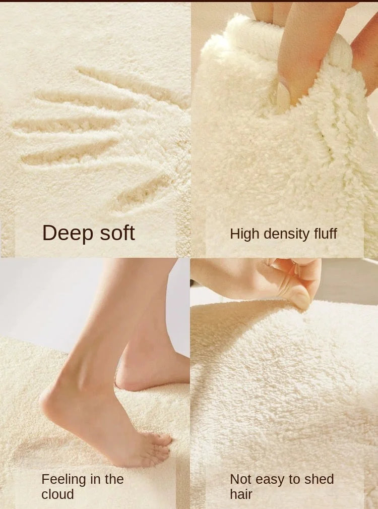 Textured fabric with close-up shots showing 'Deep soft', 'High density fluff', 'Feeling in the cloud', and 'Not easy to shed hair'.