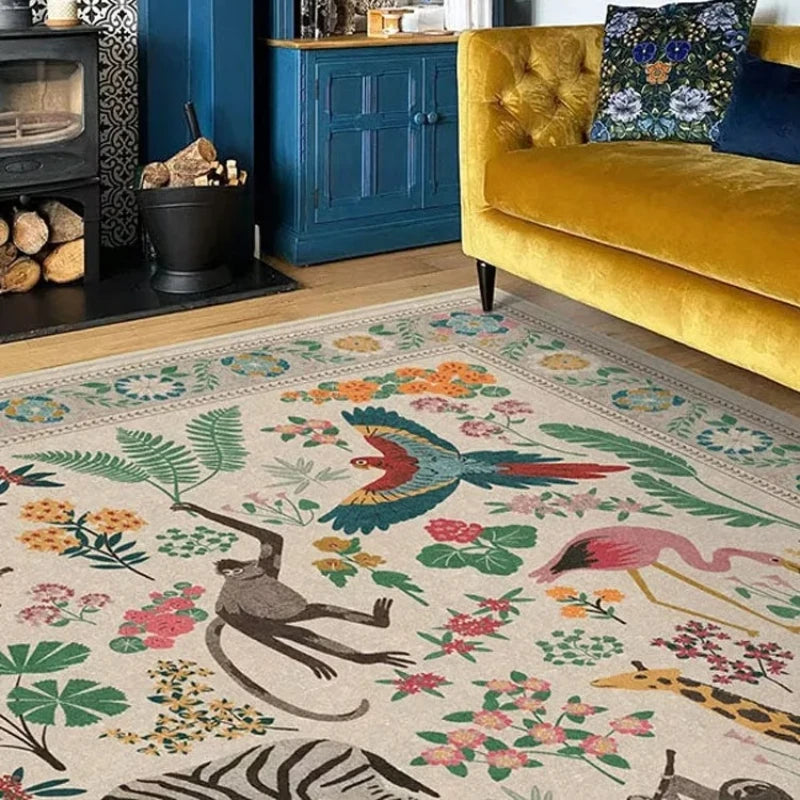 Colorful animal-patterned rug in a living room with a yellow sofa and blue cabinet.