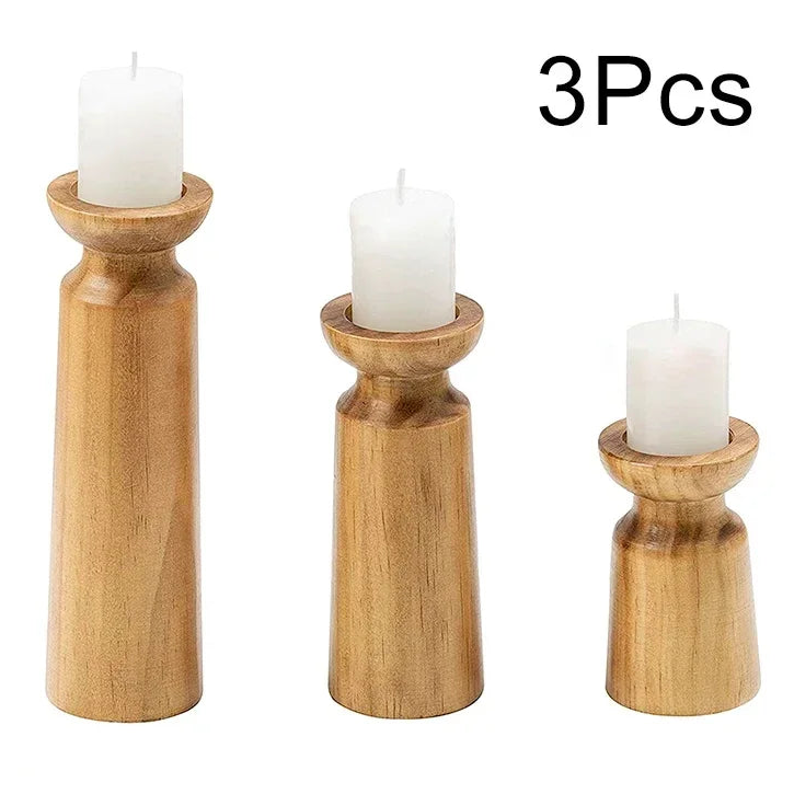 Three wooden candle holders with white candles on a white background, labeled '3Pcs'.
