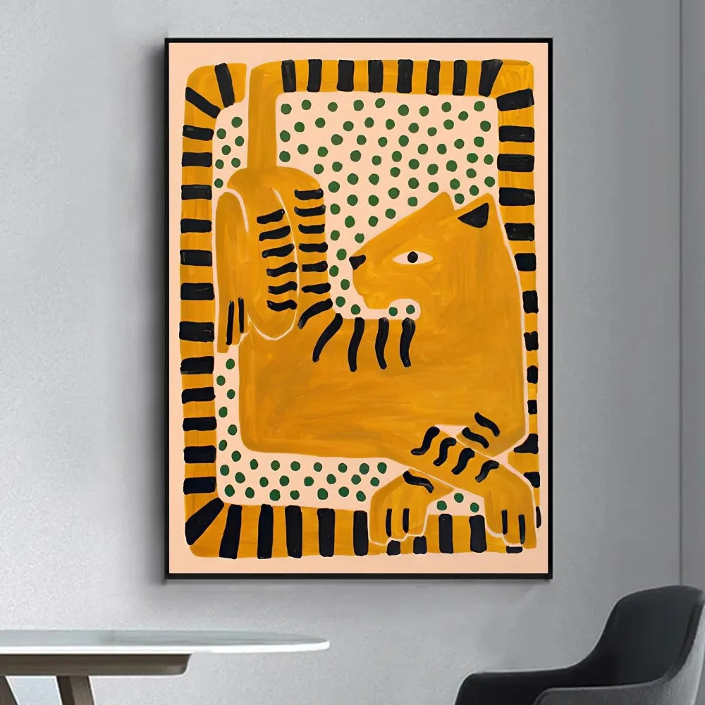 Framed abstract artwork of a tiger on a gray wall