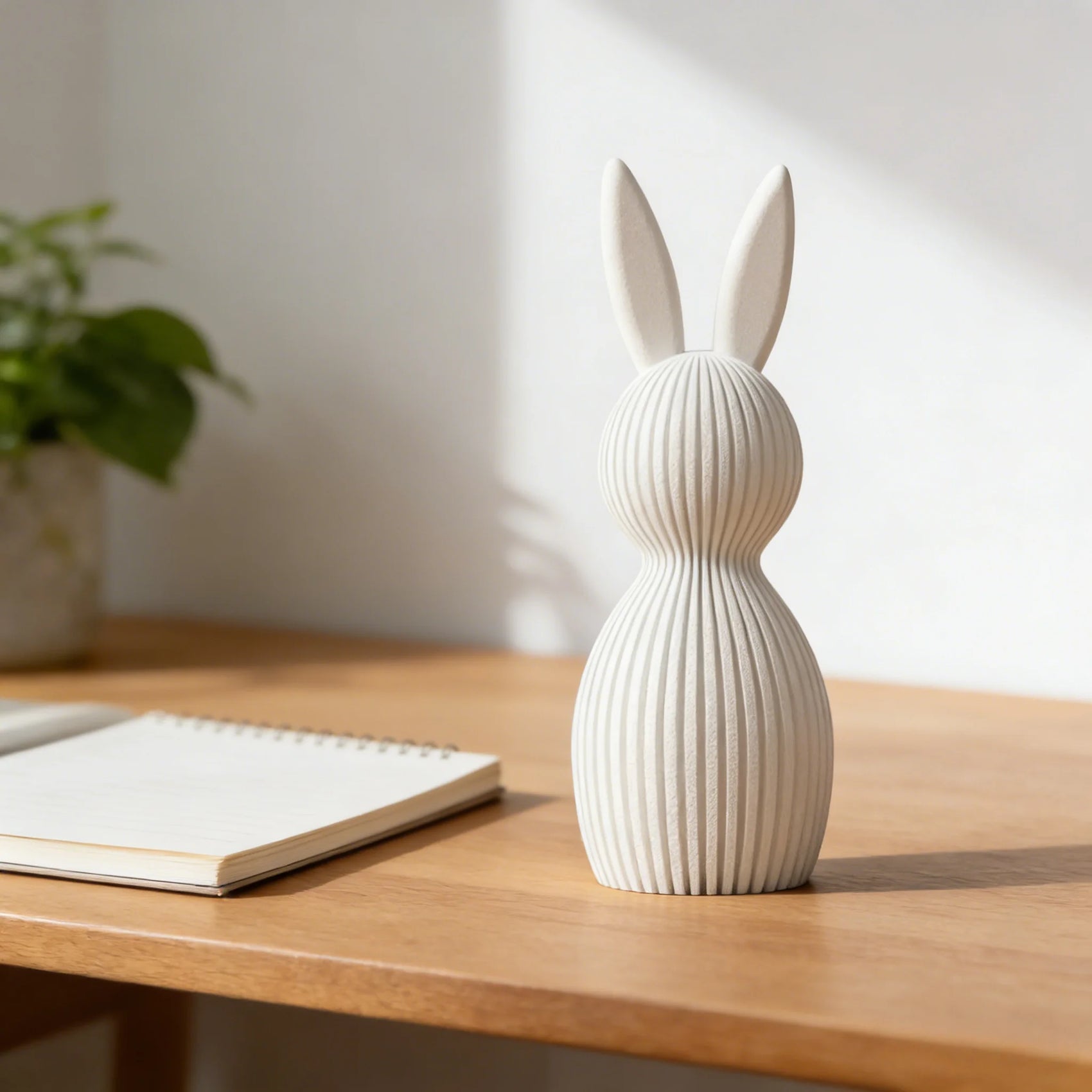 White rabbit-shaped vase on a wooden surface with a plant and notebook in the background