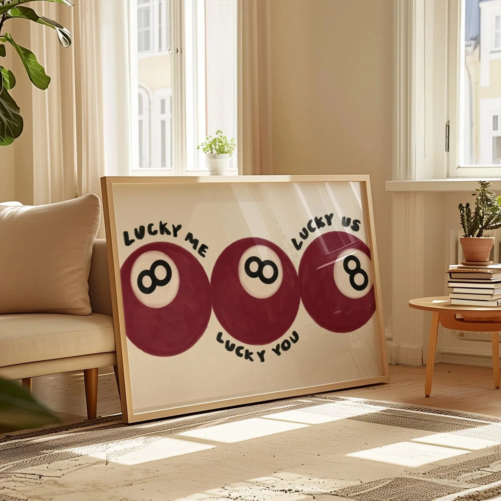 Framed artwork with 'Lucky Me, Lucky Us, Lucky You' text in a living room setting.