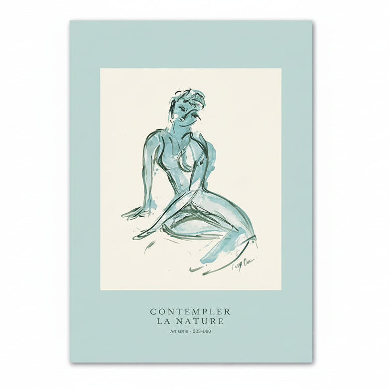 Artistic depiction of a nude figure with text 'Contempler La Nature' on a light blue background