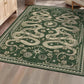 Decorative green rug with white patterns on a wooden floor.