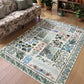 Decorative rug with animal and plant patterns on a wooden floor, with a patterned sofa in the background.