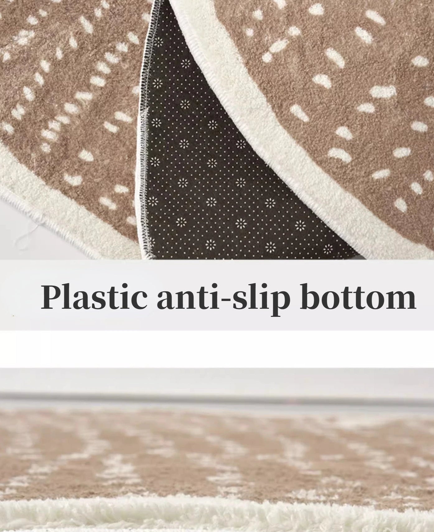 Close-up of a rug with a plastic anti-slip bottom label