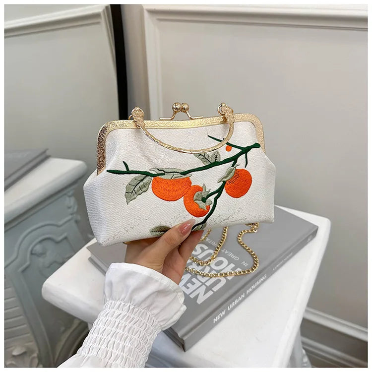 Chinese Style Persimmon Embroidered Shoulder Bag Elegant Handbag Retro Small Square Bag Wedding Party Women Clip Evening Clutch