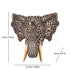 Decorative elephant head sculpture with geometric pattern and measurements on a white background
