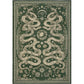 Decorative rug with snake and floral patterns on a green background