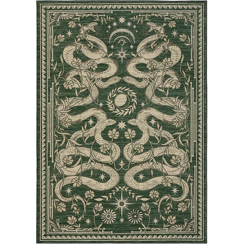 Decorative rug with snake and floral patterns on a green background