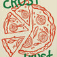 Illustration of a pizza with slices and text 'in CRUST we TRUST' on a beige background