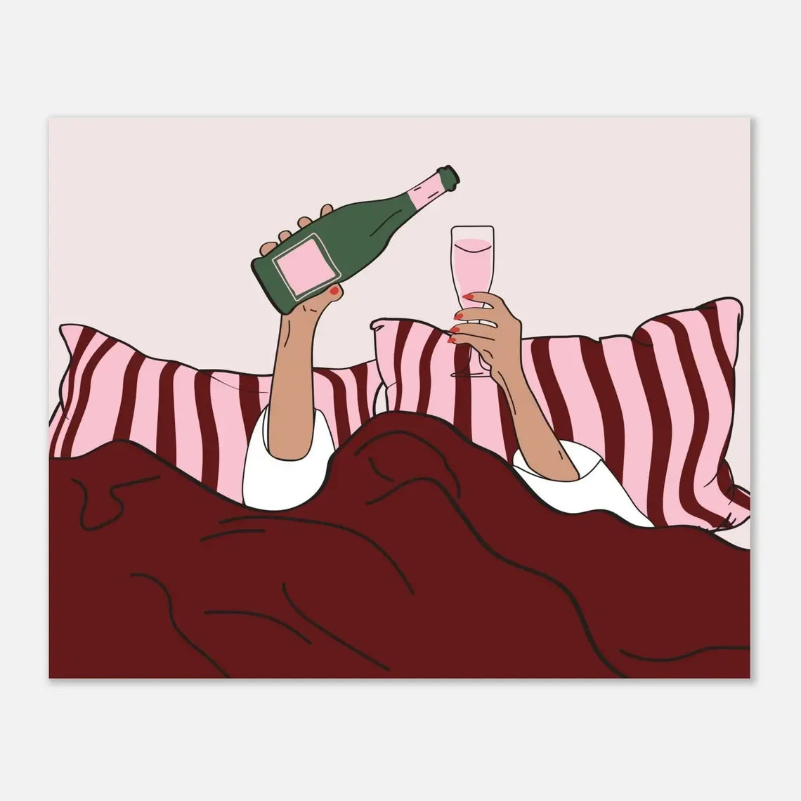Illustration of a person lying in bed with a bottle and glass, surrounded by pink and red bedding.