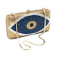Beaded clutch with eye design on a white background