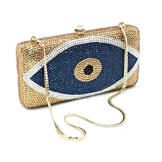 Beaded clutch with eye design on a white background