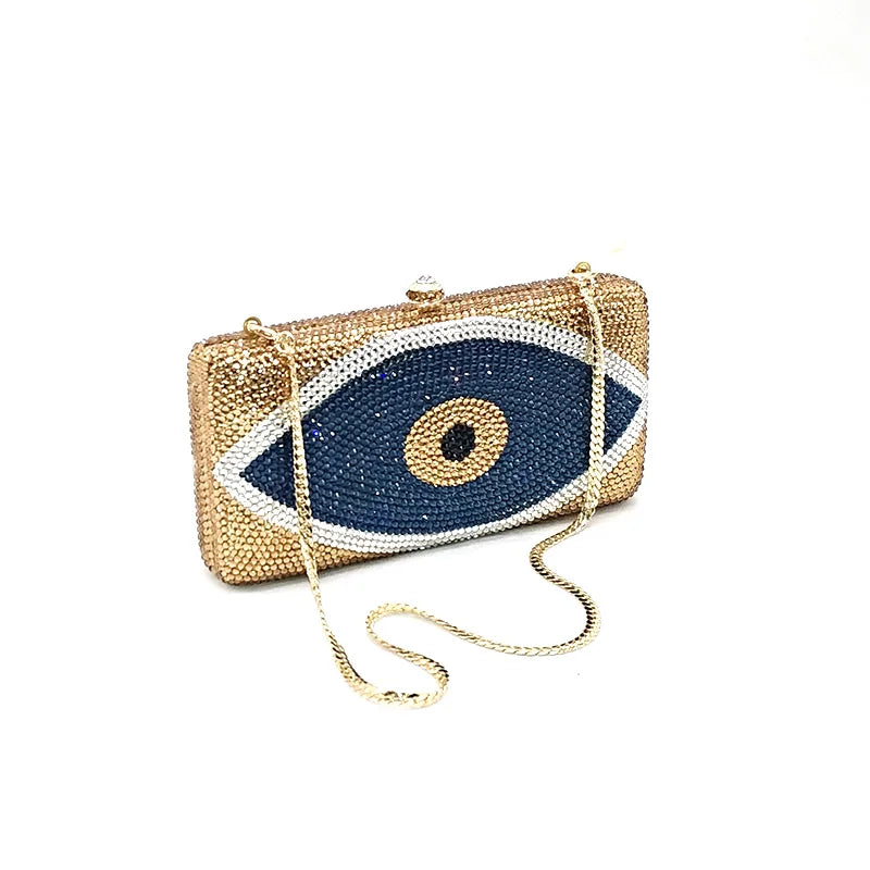 Fashion women evening party purses designer couture bag funny evil eye full crystal clutches