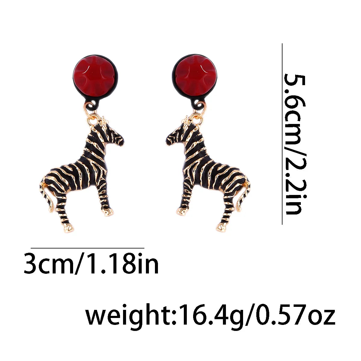 Zebra-shaped earrings with red stones, shown with measurements on a white background.