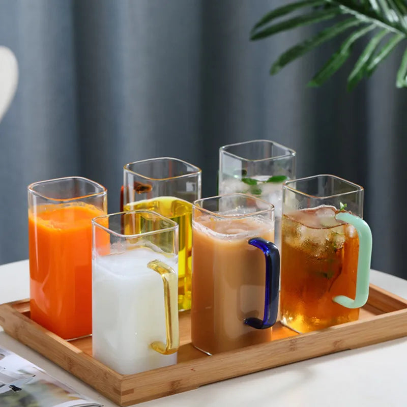 Square Glass Cup Milk Coffee Water Heat Resistant Handgrip Mug Party Breakfast Juice Beer Mugs Microwavable Safe Mug