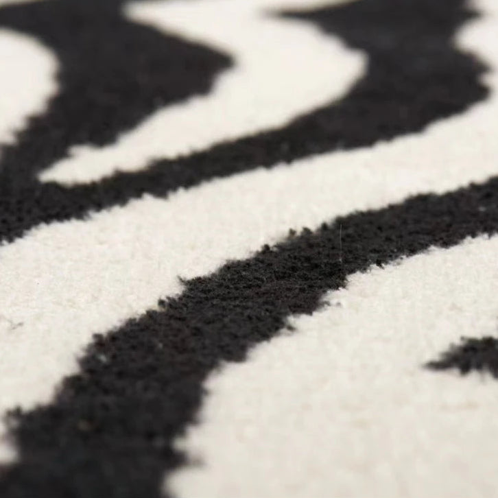 Close-up of a black and white patterned rug