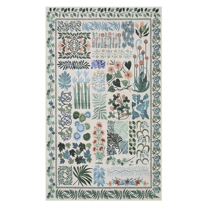 Decorative rug with a floral and botanical pattern on a white background