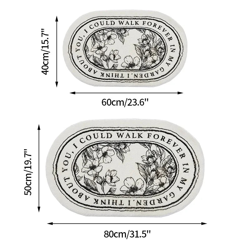 Two oval-shaped coasters with floral designs and text, shown with measurements on a white background.