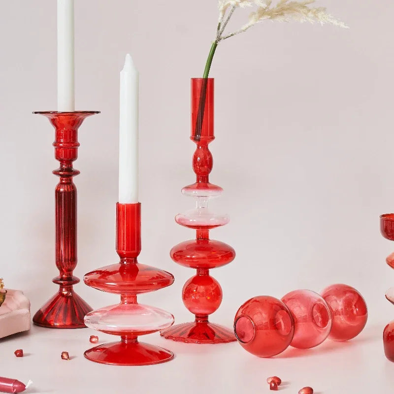 Floriddle Creative Red Glass Taper Candle Holder Christmas Gift Wedding Table Decoration Home Decoration DryFlower Vase
