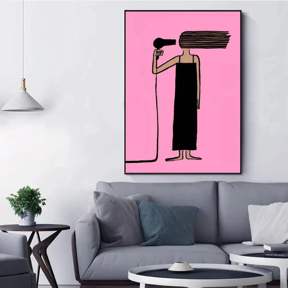 Modern living room with a gray sofa and abstract art on the wall