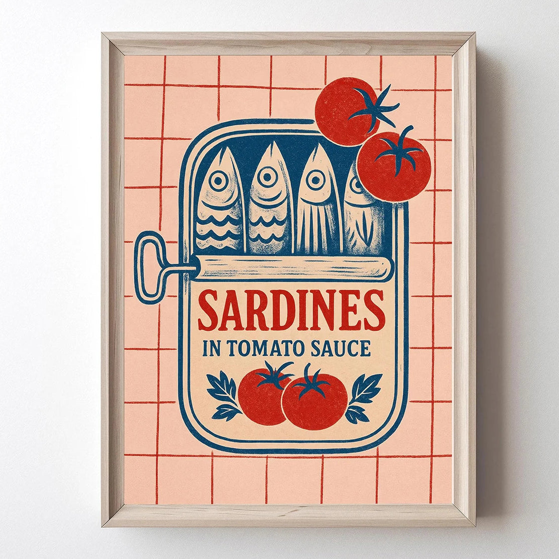 Framed artwork of a sardine can design with tomatoes on a checkered background
