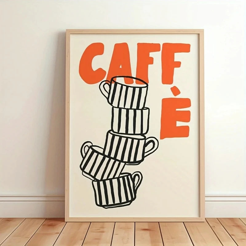 Framed artwork with 'CAFFÓ' and coffee cup design on a wall.
