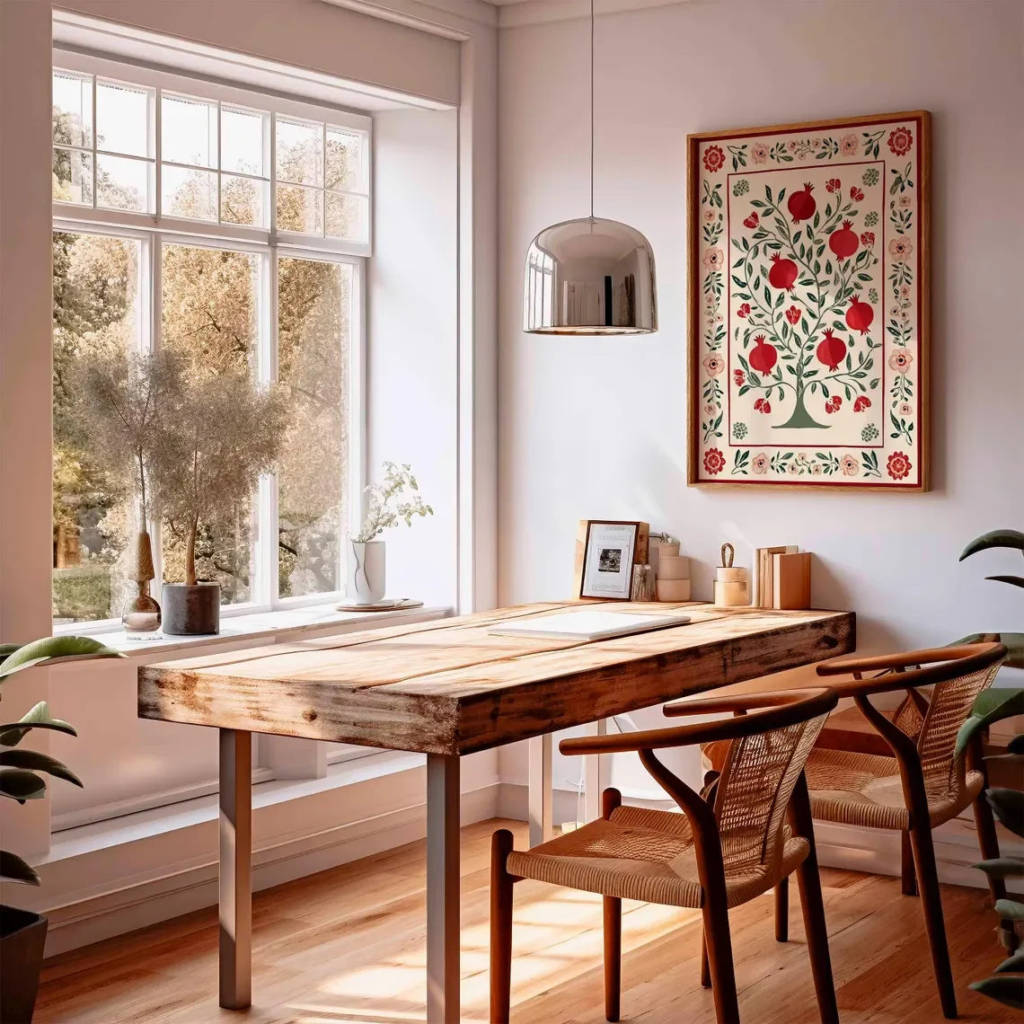 Dining room with wooden table and chairs, large window, and decorative wall art.