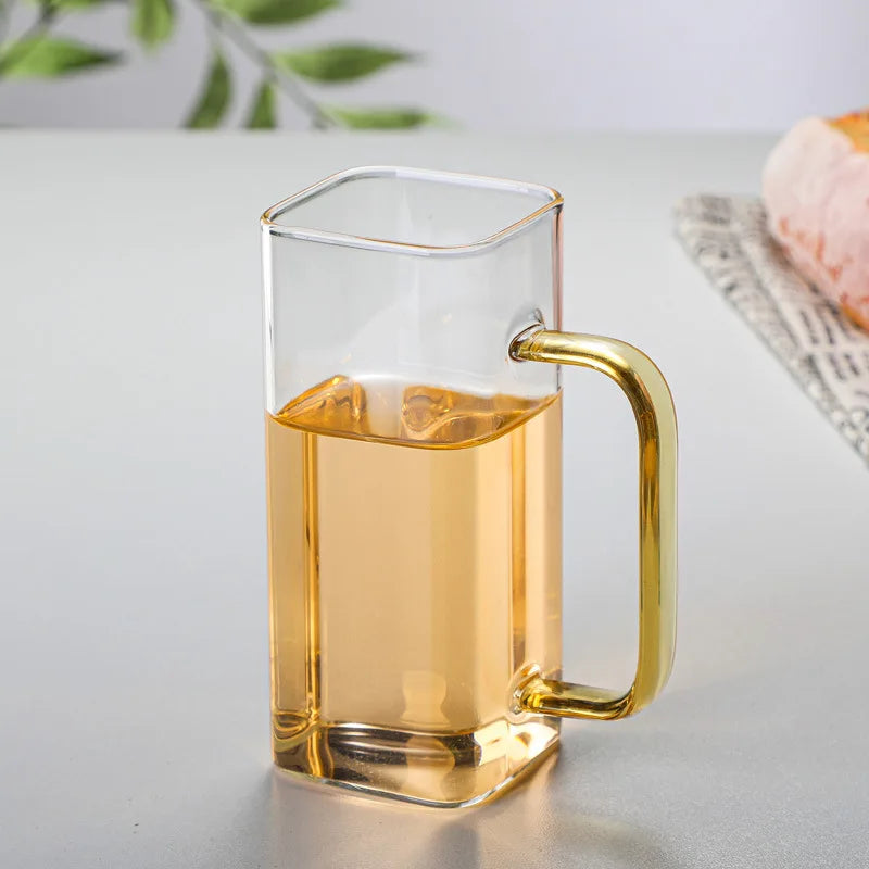 Square Glass Cup Milk Coffee Water Heat Resistant Handgrip Mug Party Breakfast Juice Beer Mugs Microwavable Safe Mug