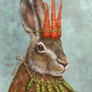 Illustration of a rabbit with carrots and peas on a textured background