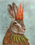 Illustration of a rabbit with carrots and peas on a textured background