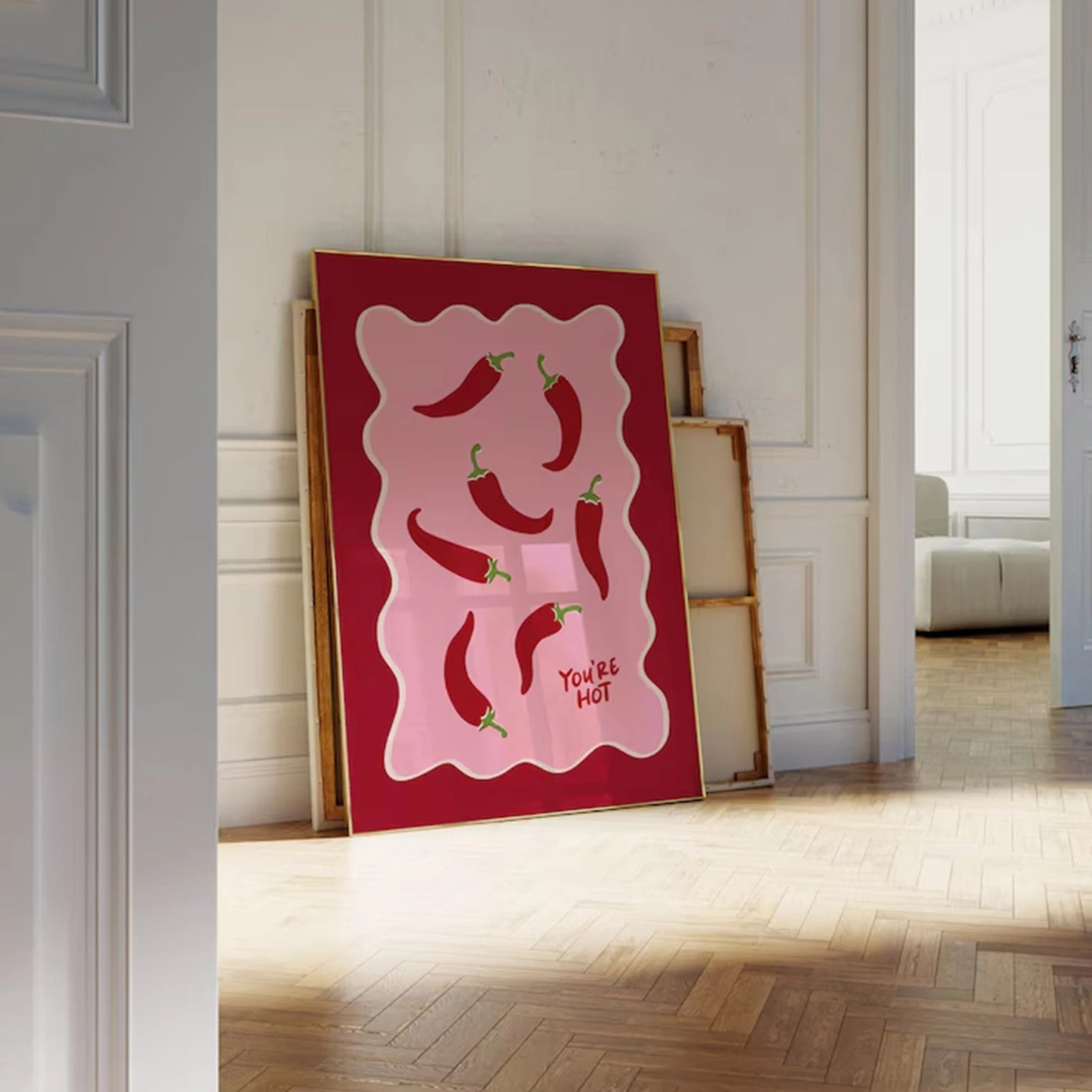 Chili Print You're Hot Wall Art, Retro Chilli Pepper Poster Cute Kitchen Decor, Trendy Pink & Red Print Hand Drawn Pepper Print