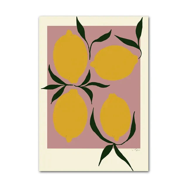 Framed artwork with four yellow lemons and green leaves on a pink background