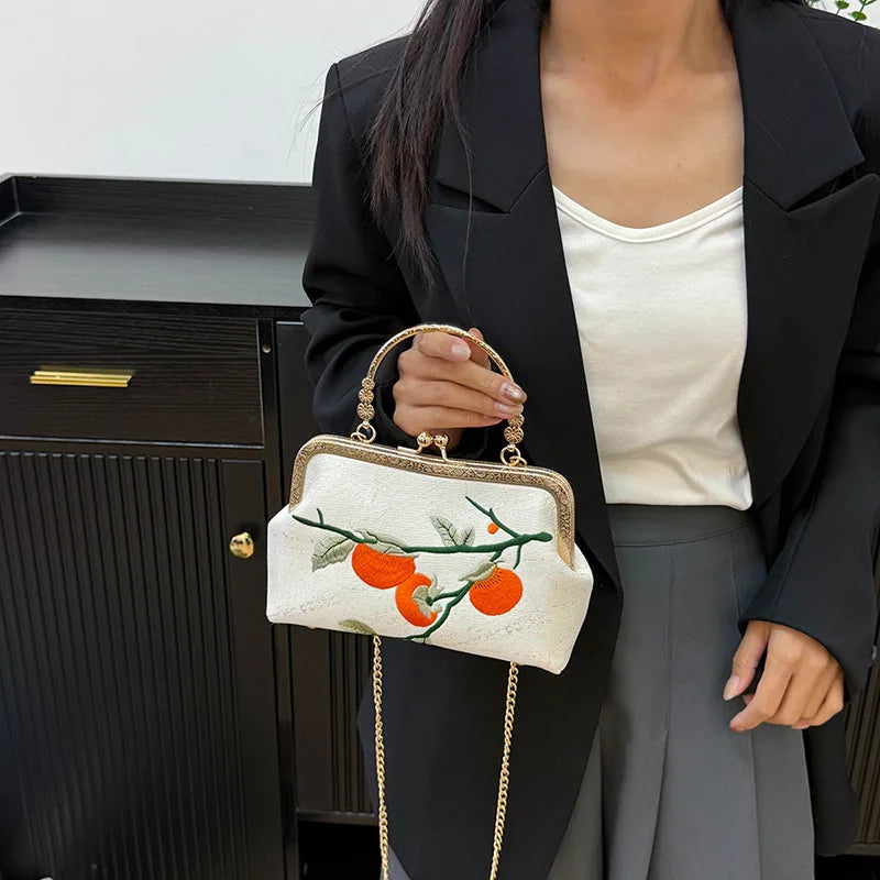 Chinese Style Persimmon Embroidered Shoulder Bag Elegant Handbag Retro Small Square Bag Wedding Party Women Clip Evening Clutch